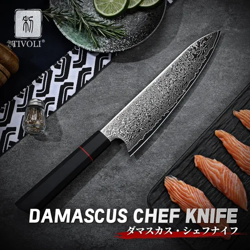 Miniatura 2 de Cuchillo de chef de damasco TIVOLI de 8 pulgadas, cuchillo de cocina japonés forjado a mano de alto carbono con mango octagonal, cuchillo de cocina