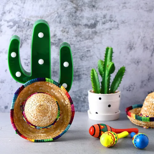 Miniatura 4 de 12 maracas de madera de colores y 6 sombreros de mini sombrero, recuerdos de fiesta mexicana y suministros para carnavales