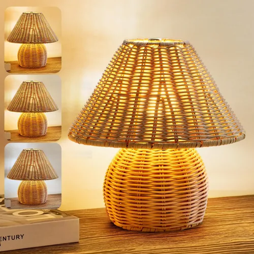 WERFOP Lámpara de Mesa de Bambú Hecha a Mano Boho de Ratán para Mesita de Noche, 3 Colores Ajustable Vintage Lámpara de Mimbre de Madera para Mesita