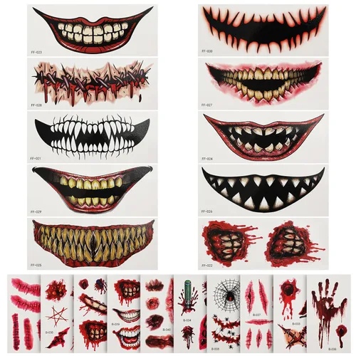 20 hojas de calcomanías realistas impermeables de boca grande, calcomanías de maquillaje para decoración de Halloween y cosplay