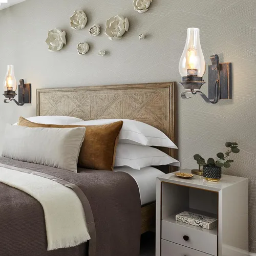 Miniatura 6 de Yisuro Juego de 2 apliques de pared, apliques de pared de bronce aceitado para interiores, lámparas de pared rústicas retro con vidrio ámbar, Bronce