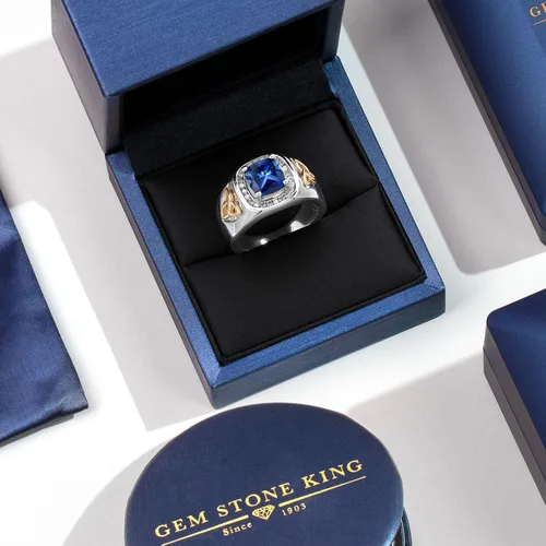 Miniatura 5 de Gem Stone King Men's Customized and Personalized 8MM Cushion Cut Gemstone Birthstone and White Lab Grown Diamond Ring for Men 925 Sterling Silver
