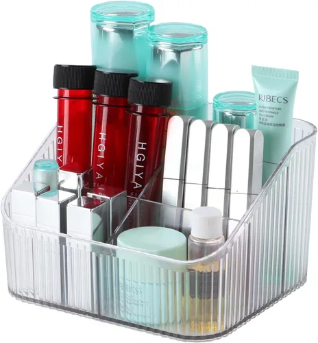 Miniatura 16 de Organizador de brochas de maquillaje ámbar para tocador, organizador de encimera de baño, 5 tazas, almacenamiento y exhibición de artículos