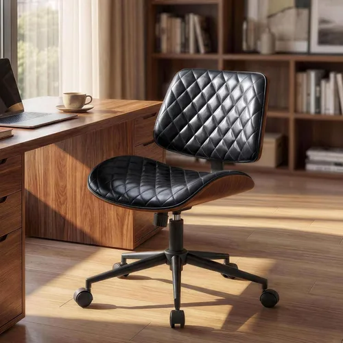 Furnimart Silla de oficina de madera resistente giratoria de 360°, silla de escritorio pequeña de piel sintética con asiento acolchado grueso,