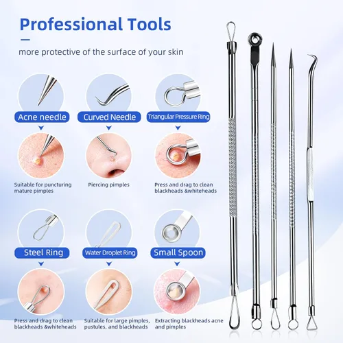 Miniatura 5 de Kit de herramientas para reventar espinillas, 7 piezas profesionales de acero inoxidable para eliminar espinillas Extractoras de comedones
