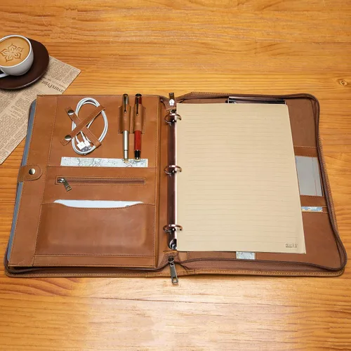Miniatura 5 de Carpeta de 3 anillos de cuero genuino con portapapeles, mango oculto, portafolio con cremallera de 8.5 x 11 pulgadas, organizador de negocios, folio