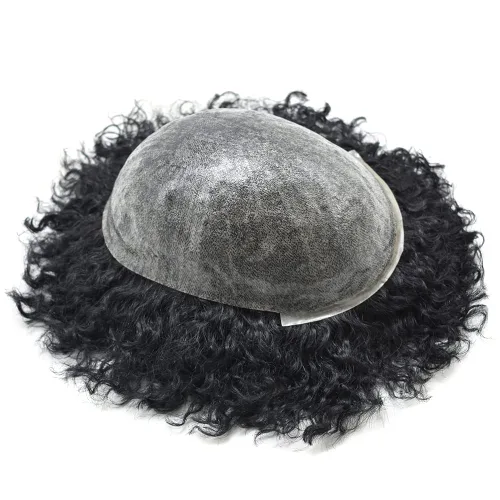 Miniatura 3 de Afro Toupee para hombres negros Unidad de cabello humano PU Ingección Afro sistema de reemplazo de cabello negro para hombres pieza de pelo Afro