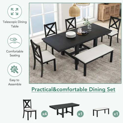 Miniatura 5 de RuiSiSi 6 Piece Solid Wood Dining Table Set, Farmhouse Extendable Kitchen Table with a Bench and 4 Padded Chairs, 4-6 Dining Table Set with Bench
