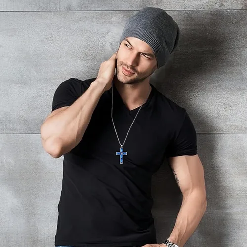 Miniatura 14 de Collar de cruz para hombre, piedras preciosas de color piedra natal de circonita cúbica, collar de acero inoxidable para hombre, cadena de 24