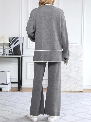 Miniatura 6 de SuperPrity Conjunto de 2 piezas de suéter para mujer, con cuello de muesca, manga larga, suéter de punto y pierna ancha