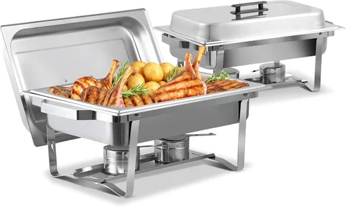 SUPER DEAL Paquete de 2 platos de acero inoxidable de 8 cuartos de galón con bandeja de agua, bandeja para alimentos, soporte de combustible y tapa