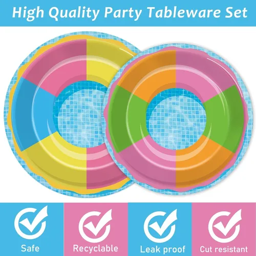 Miniatura 4 de ZOIIWA Juego de 96 platos y servilletas para fiesta en la piscina, platos con diseño de pelota de playa, suministros para fiestas, platos de papel