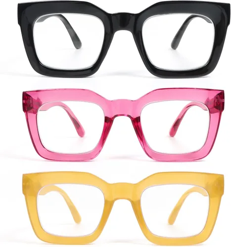 Miniatura 8 de DXYXYO Paquete de 3 lentes de lectura cuadrados para mujer, elegante marco grueso, bisagra de resorte, bloqueo de luz azul