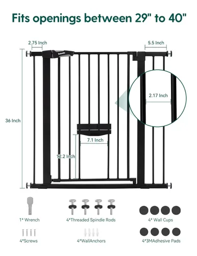 Miniatura 7 de BABELIO Puerta de bebé extra alta de 36 pulgadas con puerta de gato, puerta de metal para mascotas de 29.5-40 pulgadas para escaleras, puertas, Negro