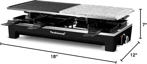 Miniatura 9 de Raclette Grill, Techwood - Parrilla eléctrica para interiores con 2 platos antiadherentes reversibles, 1 placa de parrilla de piedra, calentamiento
