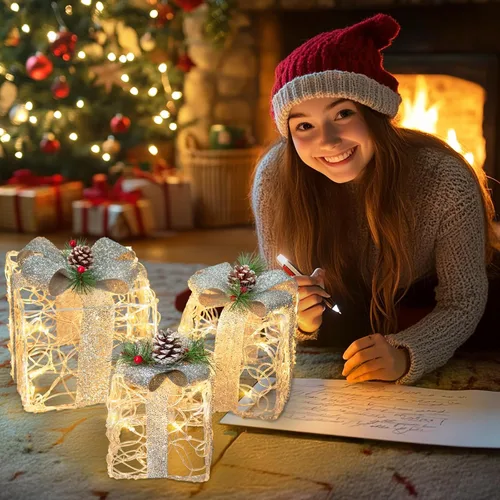 Miniatura 3 de PEIDUO Cajas de regalo iluminadas de Navidad, juego de 3, decoraciones de regalo al aire libre, paquetes debajo del árbol para interiores, fiestas