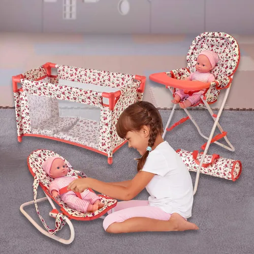 Miniatura 3 de Conjunto de accesorios para muñeca bebé floral, cuna para muñeca de 3-1, silla alta y asiento rebotador para muñeca. Accesorios para muñeca de 18