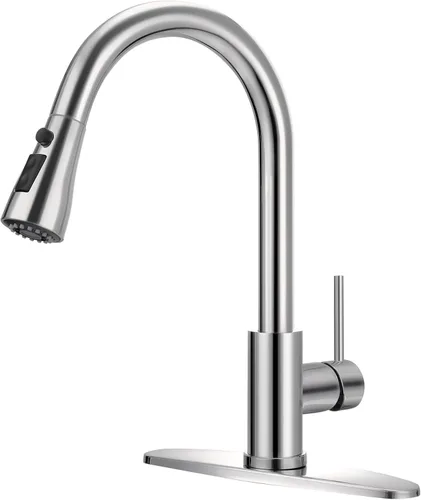 Miniatura 8 de Grifo de cocina de níquel cepillado con rociador extraíble, grifo clásico de arco alto de un solo mango con rociador extraíble, adecuado