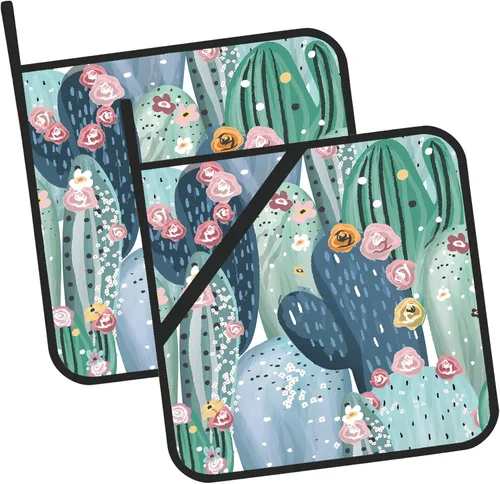 Miniatura 11 de Juego de 2 soportes para ollas de pintura de acuarela floral abstracta, resistentes al calor, para microondas, horno, horno y barbacoa