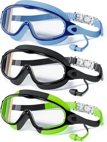 Paquete de 3 gafas de natación para niños, con tapones para los oídos, marco grande, antivaho, UV, visión amplia, para niños y niñas de 4 a 12 años