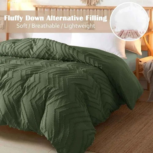 Miniatura 2 de Nanko Juego de edredón tamaño Queen de color verde oscuro con mechones bohemio suave shabby chic reversible alternativo al plumón de microfibra