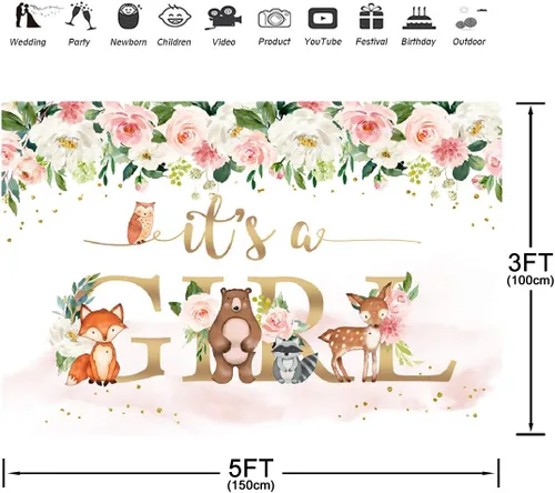 Miniatura 3 de Fondo para baby shower, con texto en inglés "It's a Girl", animales de la selva, 5 x 3 pies, acuarela, flores rosas, flores, fondo para fotografía
