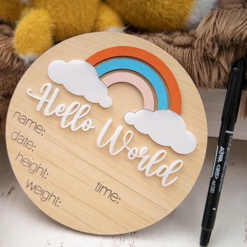 Miniatura 2 de Letrero de anuncio de madera para bebé, arcoíris de Hello World, 1 pieza, 3 elementos personalizables, dimensional 3D, fácil de mostrar, gran regalo