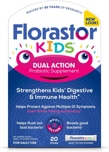 Florastor Suplemento probiótico de doble acción para niños, fortalece la salud digestiva e inmunológica de los niños, 20 barras de polvo fáciles de