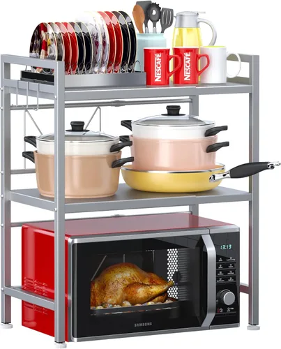 Miniatura 11 de PUSDON Estante para horno microondas negro texturizado, organizador de encimera de cocina expandible de 2 niveles, soporte de acero al carbono