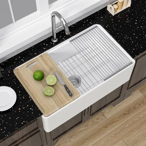 Miniatura 11 de Miuara Fregadero blanco con estación de trabajo de granja de 24 pulgadas, fregadero de cocina frontal con delantal de arcilla refractaria pequeño