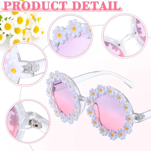 Miniatura 6 de 2 pares de lentes de sol de margarita para mujer, gafas redondas de flores para adultos y niños, decoración con gafas de tela bolsa de franela