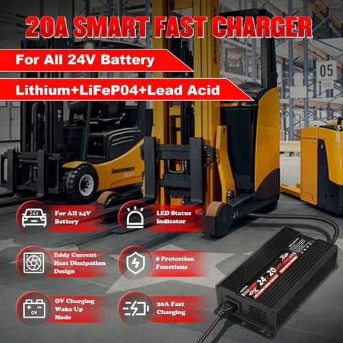 Miniatura 2 de Cargador de batería de 24 V, cargador de carretilla elevadora de 20 A para batería LiFePO4/litio/plomo-ácido, cargador inteligente AC-DC