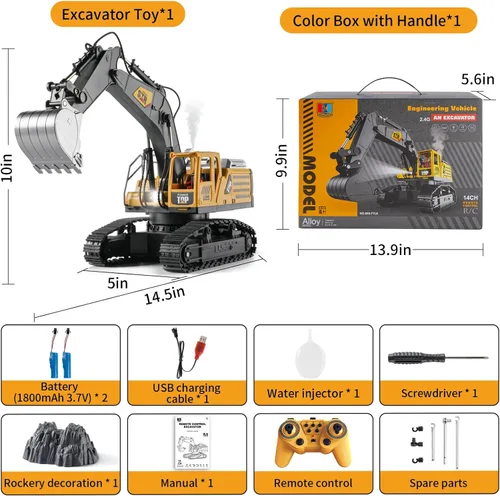 Miniatura 6 de Excavadora de control remoto 1:14, juguetes con control remoto para niños, excavadora RC de 14 canales, juguetes de construcción de tractor, humo