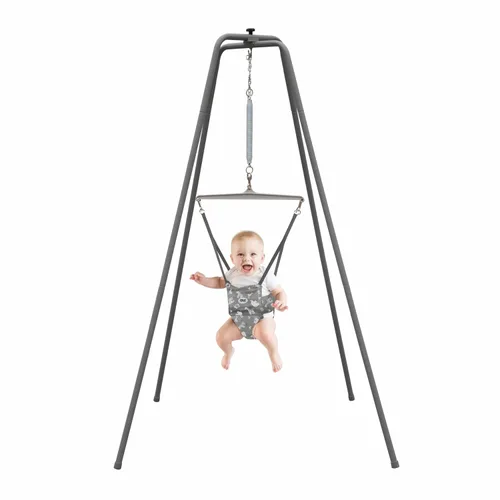 Jolly Jumper Elite (Grey Safari) Ejercitador para Bebé - Marco Resistente, Saltador para Bebé con Soporte de 6 Pies de Alto, Asiento de Sillín de