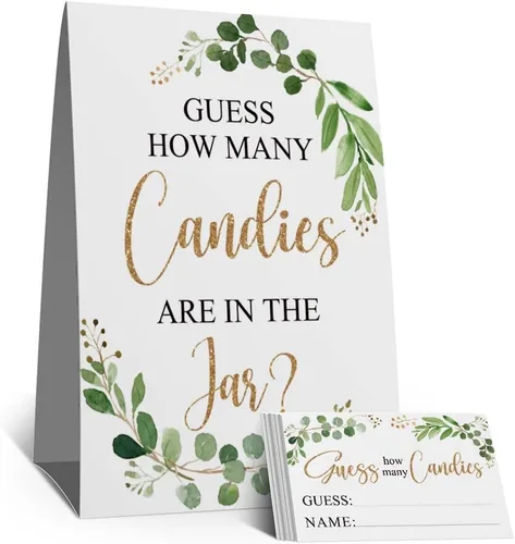 Adivina cuántos dulces hay en el frasco, juego de eucalipto para baby shower (1 letrero y 50 tarjetas de adivinanzas), boleto de inserción de hojas