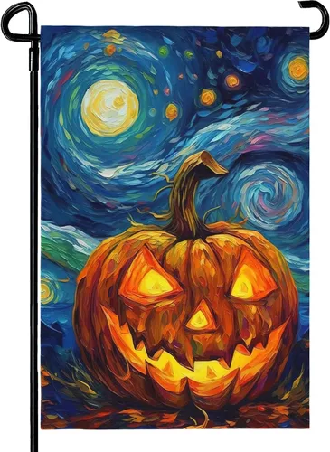 Bandera de jardín de Halloween, bandera de jardín de calabaza Van Gogh, banderas de jardín, artes, cielo nocturno estrellado, luna, bandera para