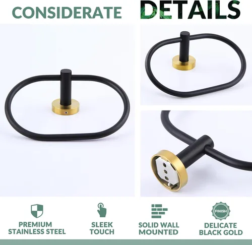 Miniatura 5 de APLusee Anillo de toalla de mano de oro negro, tenedor de toalla de mano de acero inoxidable para baño montado en la pared