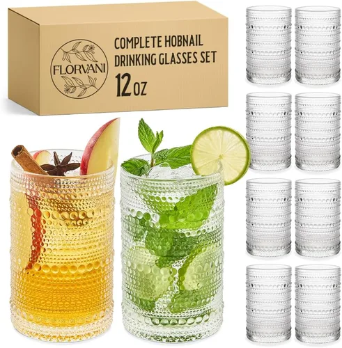 Miniatura 8 de Juego de 6 vasos para beber Hobnail de 12 onzas, juego de cristalería multiusos transparente, vasos decorativos y elegantes para bar, cocina