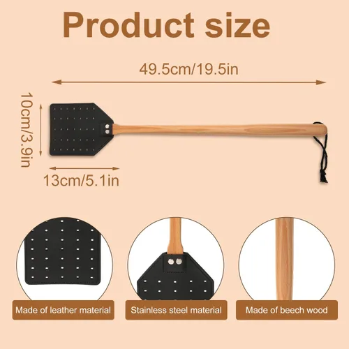 Miniatura 2 de KINBOM Matamoscas de cuero, manual resistente con mango de madera largo, matamoscas duradero, matamoscas de avispas para interiores y exteriores