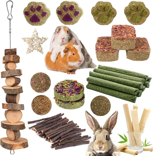 Grddaef Juguetes para conejos, juguetes para conejillos de indias 25 piezas Heno natural Timothy Masticables y golosinas para conejito, chinchilla,