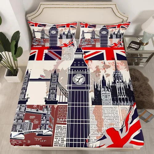 Miniatura 2 de Manfei Juego de sábanas infantiles de Londres, tamaño individual, con estampado de autobús Big Ben, para niños, diseño de mapa de bandera británica