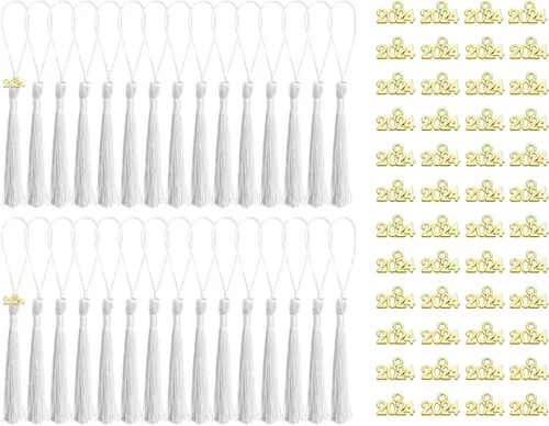 Miniatura 9 de Tupalizy 30 mini borlas sedosas hechas a mano con 60 dijes del año 2024 para graduación, llavero, aretes, joyería, regalos de boda, recuerdos
