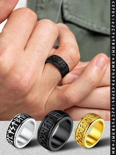 Miniatura 2 de FaithHeart Anillo giratorio nórdico vikingo con runas de acero inoxidable chapado en oro para hombres y mujeres, puede grabar personalizado