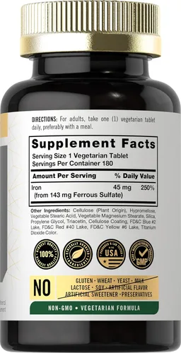 Miniatura 2 de Carlyle Hierro de liberación lenta de 45 mg 180 tabletas Suplemento mineral de sulfato ferroso para hombres y mujeres Fórmula vegetariana