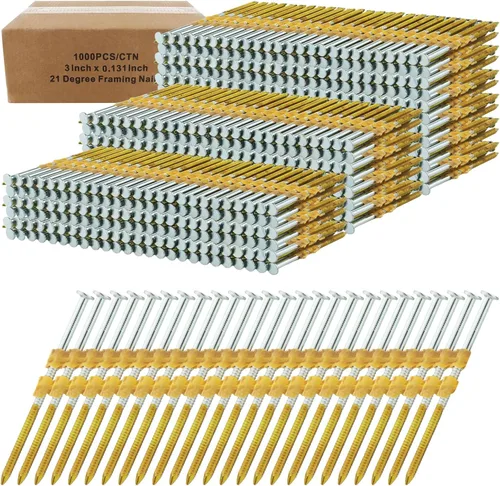 1000 clavos para enmarcar, 3 pulgadas x 0.131 pulgadas, vástago de anillo de cabeza plana en D galvanizado, clavos de marco de 21 grados para