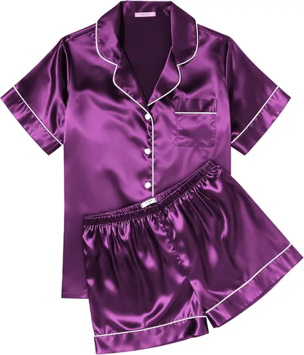 Miniatura 28 de Ekouaer Conjunto de pijama de satén de seda para mujer, suave, de manga corta, con botones, ropa para dormir, camiseta y pantalones cortos, juego