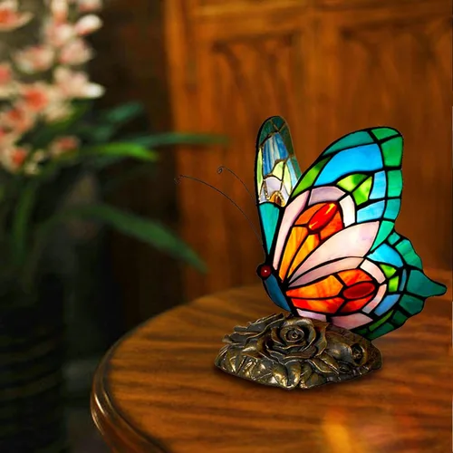 Miniatura 3 de Lámpara de Mesita LED Azul Tiffany Mariposa Nocturna con Interruptor de Encendido/Apagado, Lámpara de Escritorio de Vidrio Manchado, Luz Nocturna