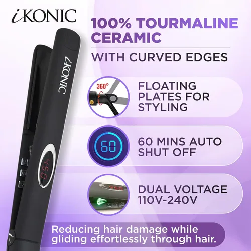 Miniatura 2 de IKonic Alisador y rizador de pelo de cerámica 100% turmalina, plancha plana de doble voltaje iónico infrarrojo antiestático 2 en 1, placas flotantes