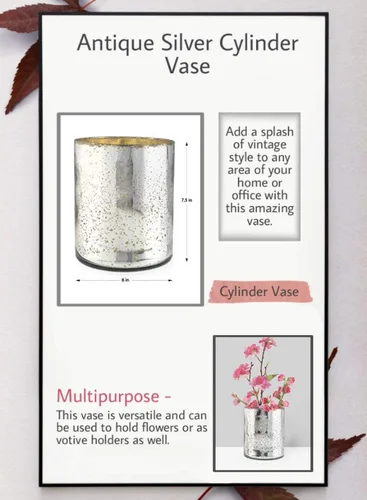 Miniatura 6 de Serene Spaces Living Jarrón cilíndrico de plata antigua, acabado de vidrio de mercurio hecho a mano de estilo vintage para bodas, fiestas, eventos