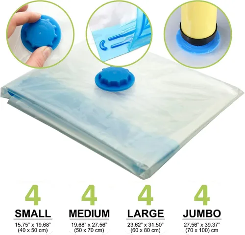 Miniatura 2 de Paquete de 16 bolsas de almacenamiento al vacío que ahorran espacio con bomba de mano, 4 jumbo, 4, grandes, 4, medianas, 4 pequeñas bolsas